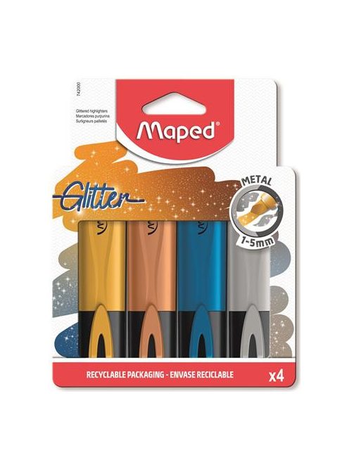 Szövegkiemelő készlet, 1-5 mm, MAPED "Glitter Fluo Peps", 4 különböző metálfényű szín (IMA742000)