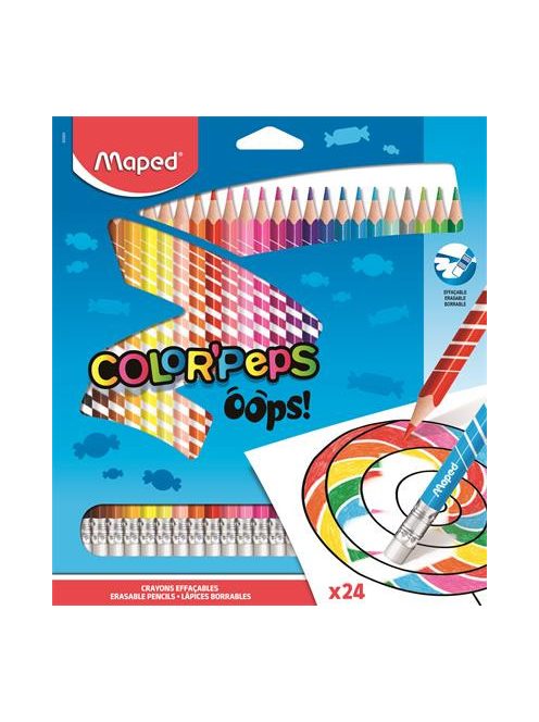 Színes ceruza készlet, háromszögletű, radírozható, MAPED "Color'Peps Oops", 24 különböző szín (IMA832824)