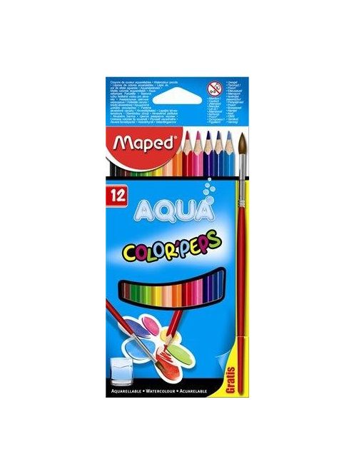 Akvarell ceruza készlet, háromszögletű, ecsettel, MAPED "Color'Peps", 12 különböző szín (IMA836011)