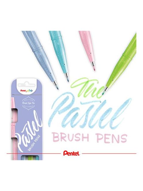 Kalligrafikus ecsetirón készlet, PENTEL "Brush Sign", 4 különböző pasztell szín (PENSES15P4)