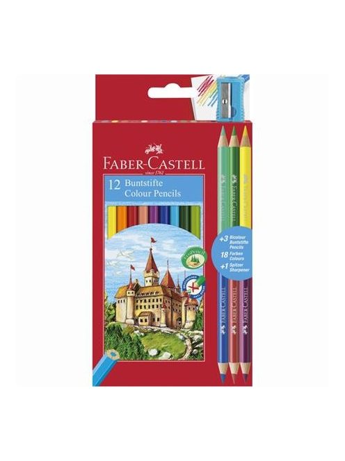 Színes ceruza készlet, hatszögletű, FABER-CASTELL, 12 különböző szín + 3 db bicolor ceruza (TFC110312)