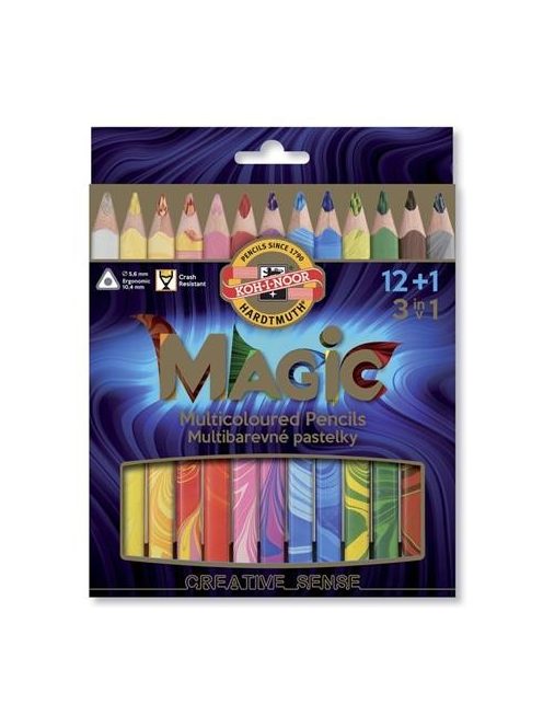 Színes varázsceruza készlet, háromszögletű, KOH-I-NOOR "Magic 3408", 12+1 különböző szín (TKOH3408)