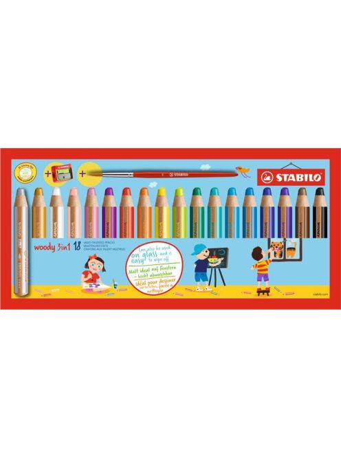 Színes ceruza készlet, kerek, vastag, STABILO "Woody 3 in 1", 18 különböző szín (TST880183)