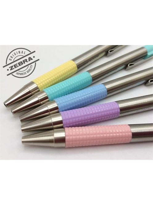 Golyóstoll, 0,24 mm, nyomógombos, rozsdamentes acél, pasztellsárga tolltest, ZEBRA "F-301", kék (TZ90705)